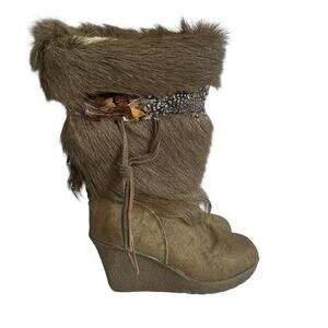 Bearpaw Women’s Wedge Boots Basha Real Cow Hair Goat Fur Wool Lined Brown 8 Rare